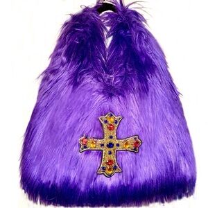 Purple BoHo Mod Fluffy Silky faux Mongolian furry bag w/ beaded cross